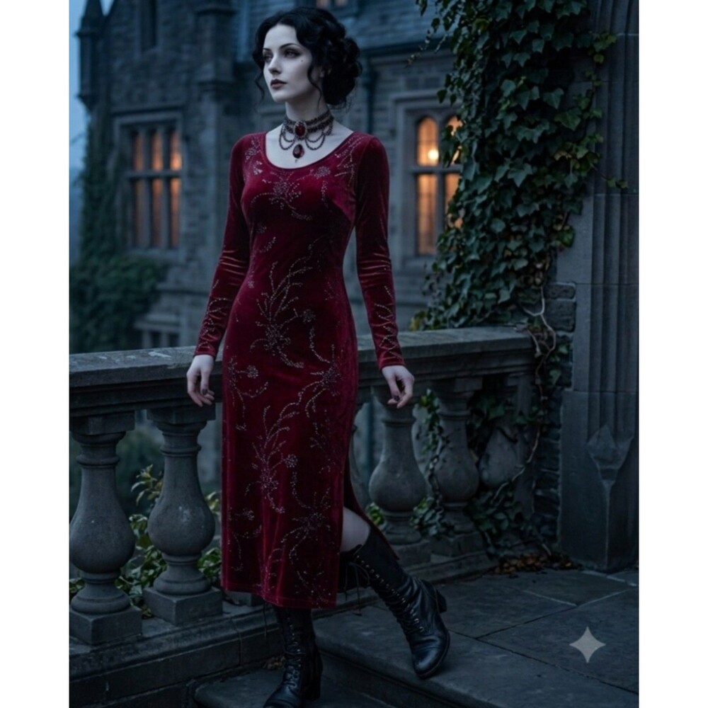XOXO Vtg Jersey Dark Red Black Stones L Whimsigoth Dress Long Sleeve Victorian